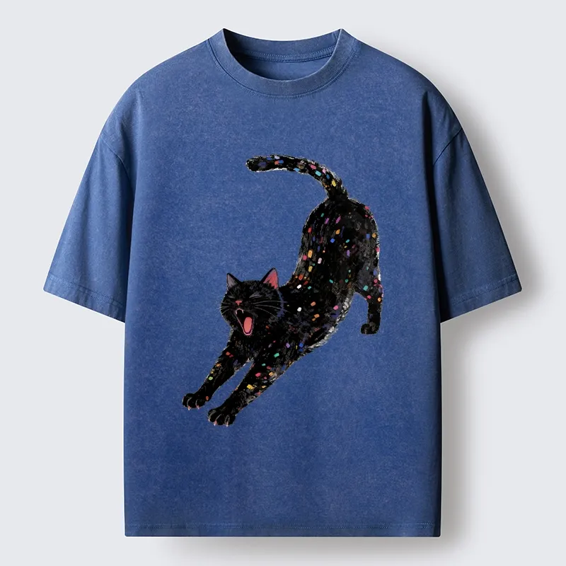 Tokyo-Tiger Dreamy Black Cat Yawning And Stretching Washed T-Shirt