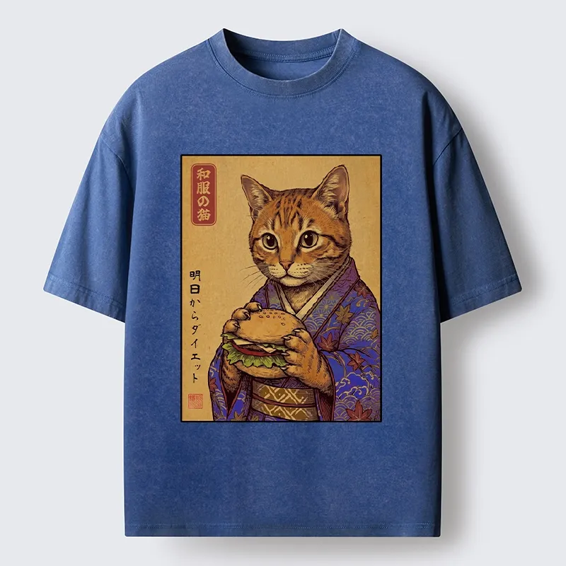 Tokyo-Tiger Kimono Cat Eating A Burger Washed T-Shirt Sale