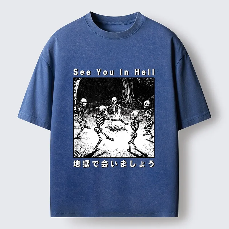 Tokyo-Tiger Funny Skeleton Hell Party Washed T-Shirt Sale