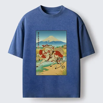 Tokyo-Tiger Samurai Frog Under Mount Fuji Washed T-Shirt