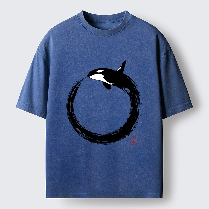 Tokyo-Tiger Orca In Black Ink Circle Washed T-Shirt