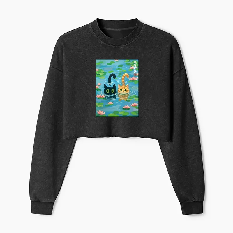 Tokyo-Tiger Cats In The Lotus Pond Washed Crop Sweatshirt