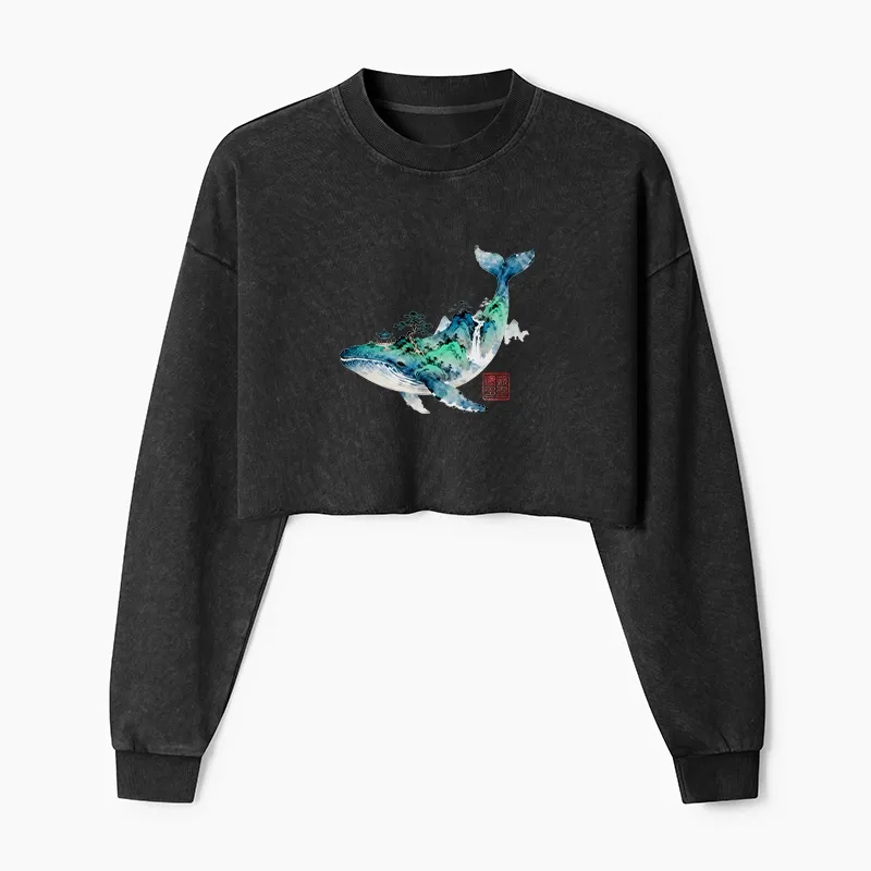 Tokyo-Tiger Whale Ink Painting Landscape Washed Crop Sweatshirt