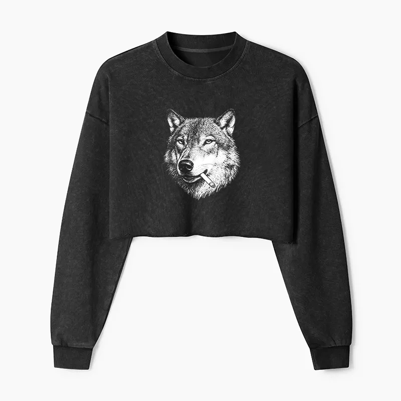Tokyo-Tiger Cool Wolf Meme Bad Decisions Pending Washed Crop Sweatshirt Sale