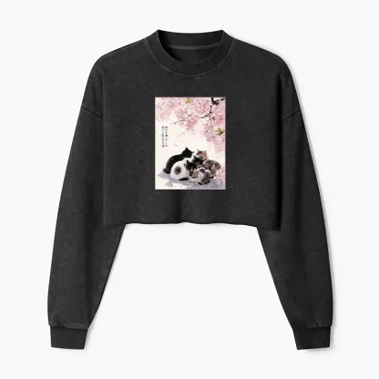 Tokyo-Tiger Cute Cats Sakura Garden Washed Crop Sweatshirt