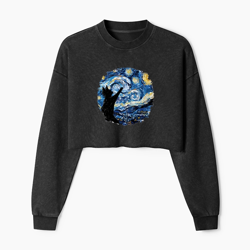 Tokyo-Tiger Starry Night Black Cat Washed Crop Sweatshirt