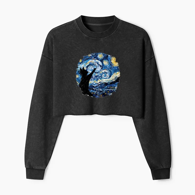 Tokyo-Tiger Starry Night Black Cat Washed Crop Sweatshirt Sale