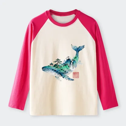 Tokyo-Tiger Whale Ink Painting Landscape Raglan Long Sleeve T-shirt