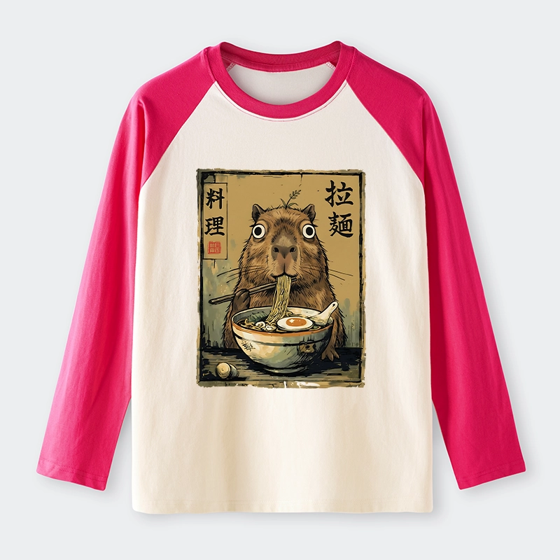 Tokyo-Tiger Cute Capybara Eating Ramen Raglan Long Sleeve T-shirt