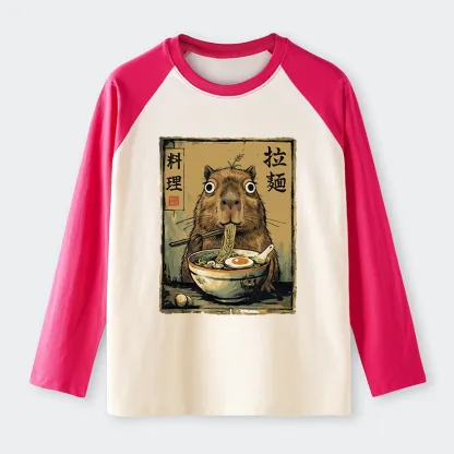 Tokyo-Tiger Cute Capybara Eating Ramen Raglan Long Sleeve T-shirt