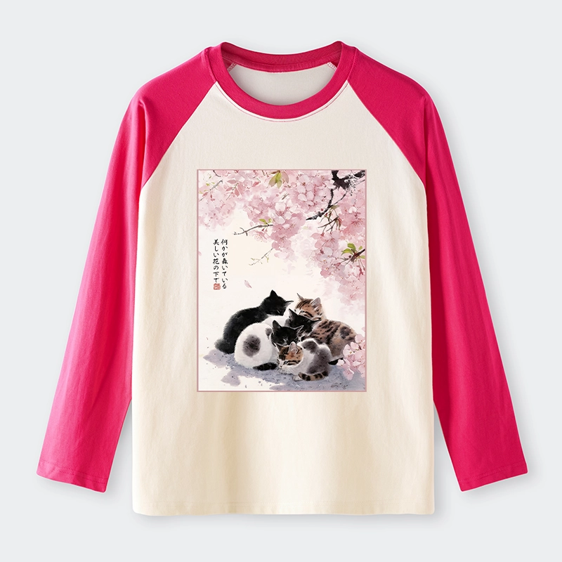 Tokyo-Tiger Cute Cats Sakura Garden Raglan Long Sleeve T-shirt