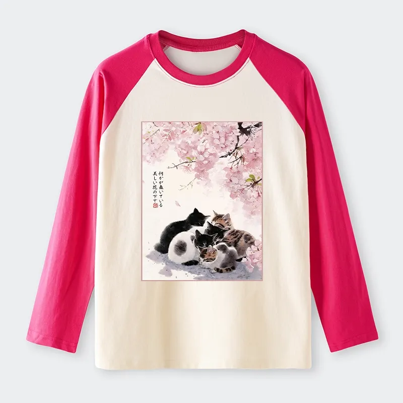 Tokyo-Tiger Cute Cats Sakura Garden Raglan Long Sleeve T-shirt