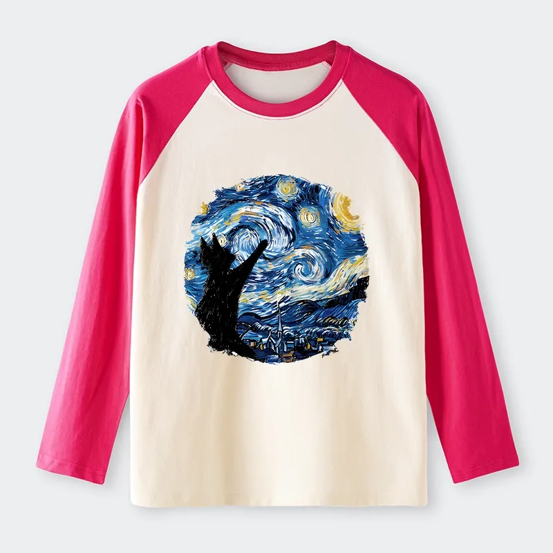 Tokyo-Tiger Starry Night Black Cat Raglan Long Sleeve T-shirt