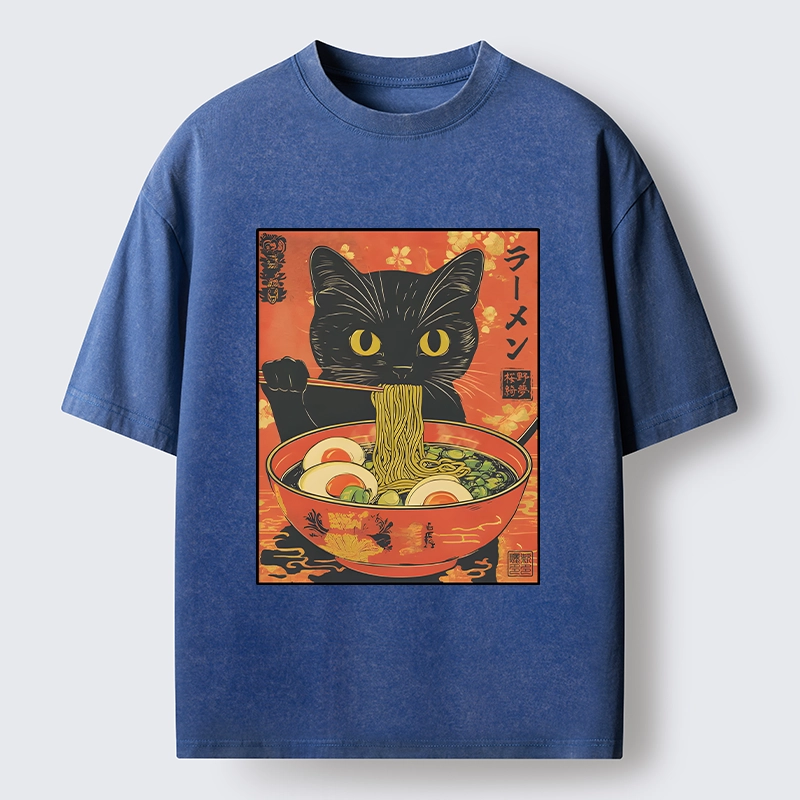 Tokyo-Tiger Hungry Black Cat Loves Ramen Washed T-Shirt