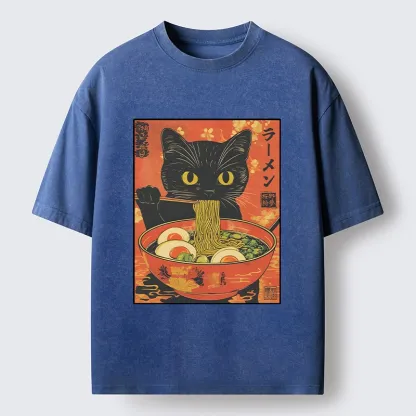 Tokyo-Tiger Hungry Black Cat Loves Ramen Washed T-Shirt