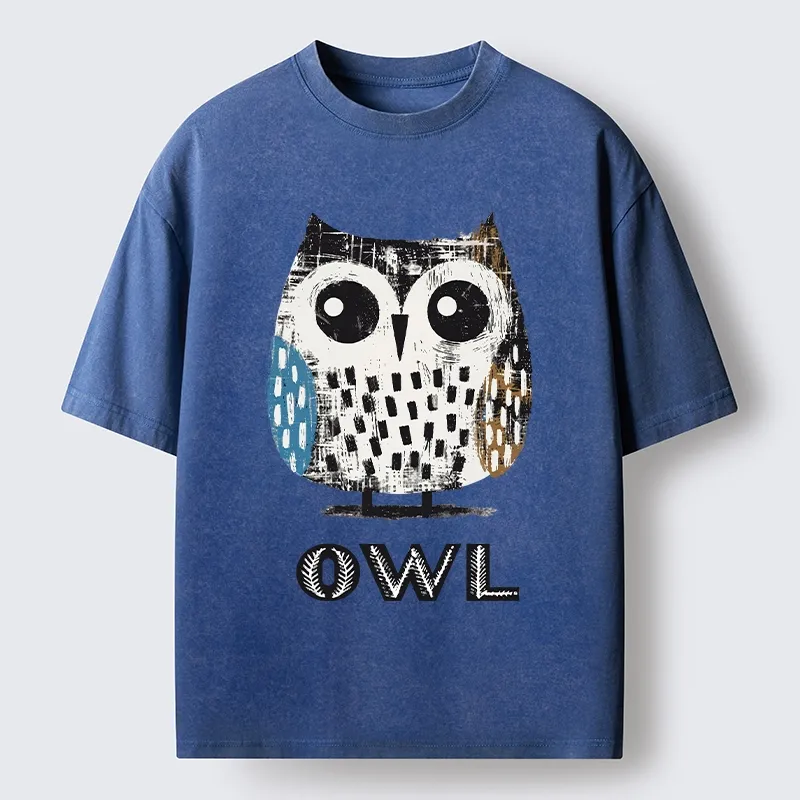 Tokyo-Tiger Minimalist Owl Illustration Print Washed T-Shirt