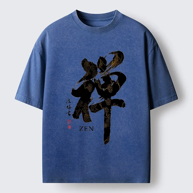 Tokyo-Tiger Japanese Zen Kanji Art Prints Washed T-Shirt