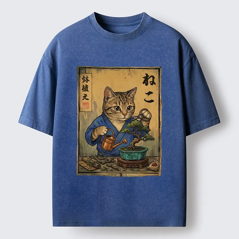 Tokyo-Tiger Cat Mastering Bonsai Art Washed T-Shirt