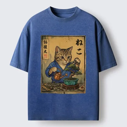Tokyo-Tiger Cat Mastering Bonsai Art Washed T-Shirt