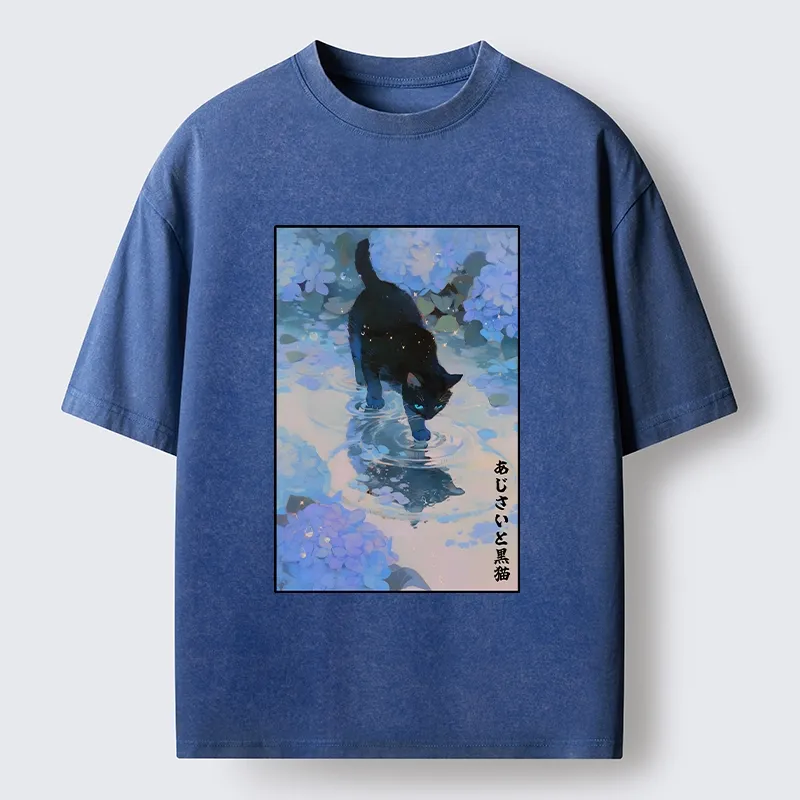 Tokyo-Tiger Midnight Cat In The Blue Rain Washed T-Shirt