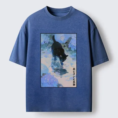 Tokyo-Tiger Midnight Cat In The Blue Rain Washed T-Shirt