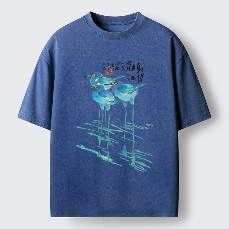 Tokyo-Tiger Watercolor Herons In Reeds Washed T-Shirt