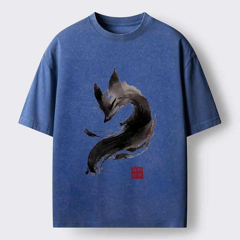 Tokyo-Tiger Japanese Ink Wash Fox Art Washed T-Shirt