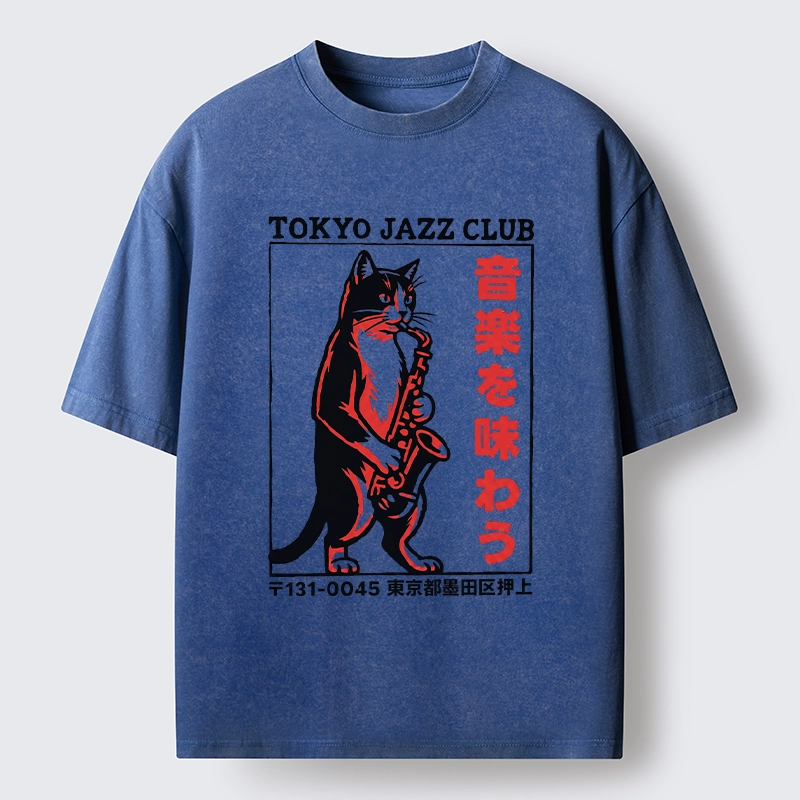 Tokyo-Tiger Retro Jazz Cat Poster Washed T-Shirt