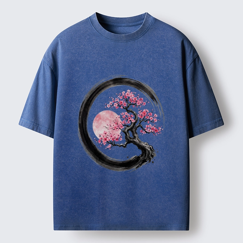 Tokyo-Tiger Zen Sakura Tree With Pink Moon Washed T-Shirt