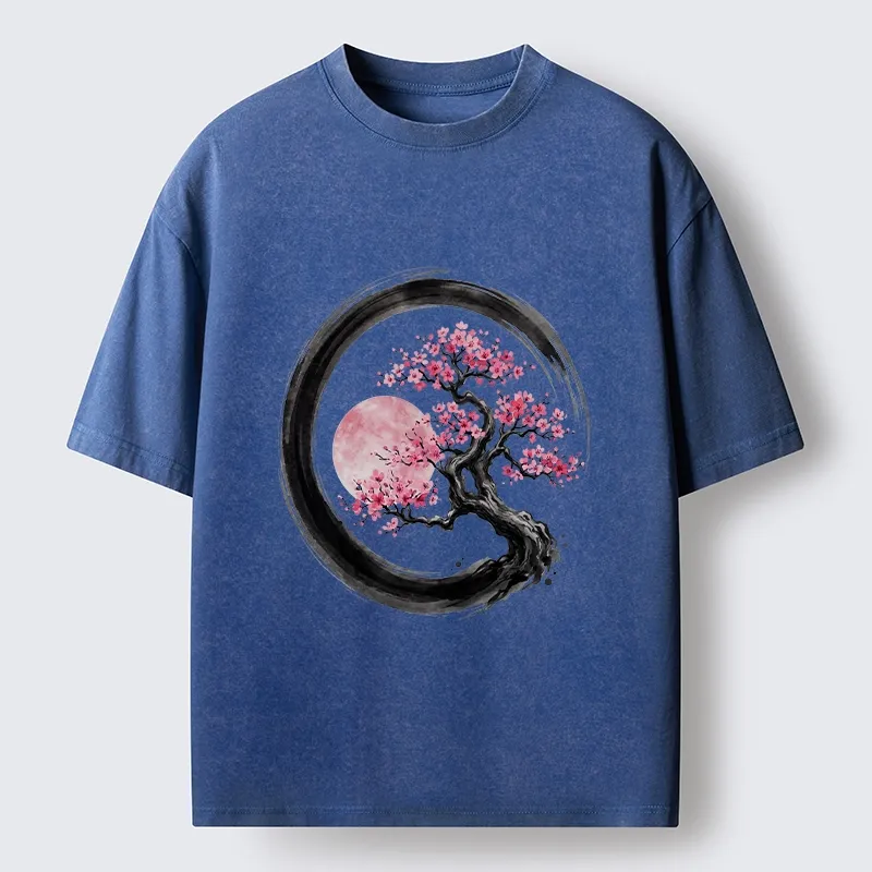 Tokyo-Tiger Zen Sakura Tree With Pink Moon Washed T-Shirt