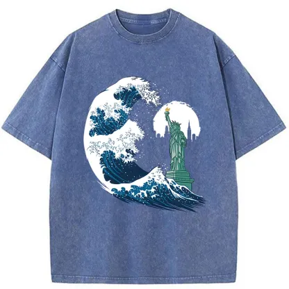 Tokyo-Tiger Waves And The Statue Of Liberty Washed T-Shirt