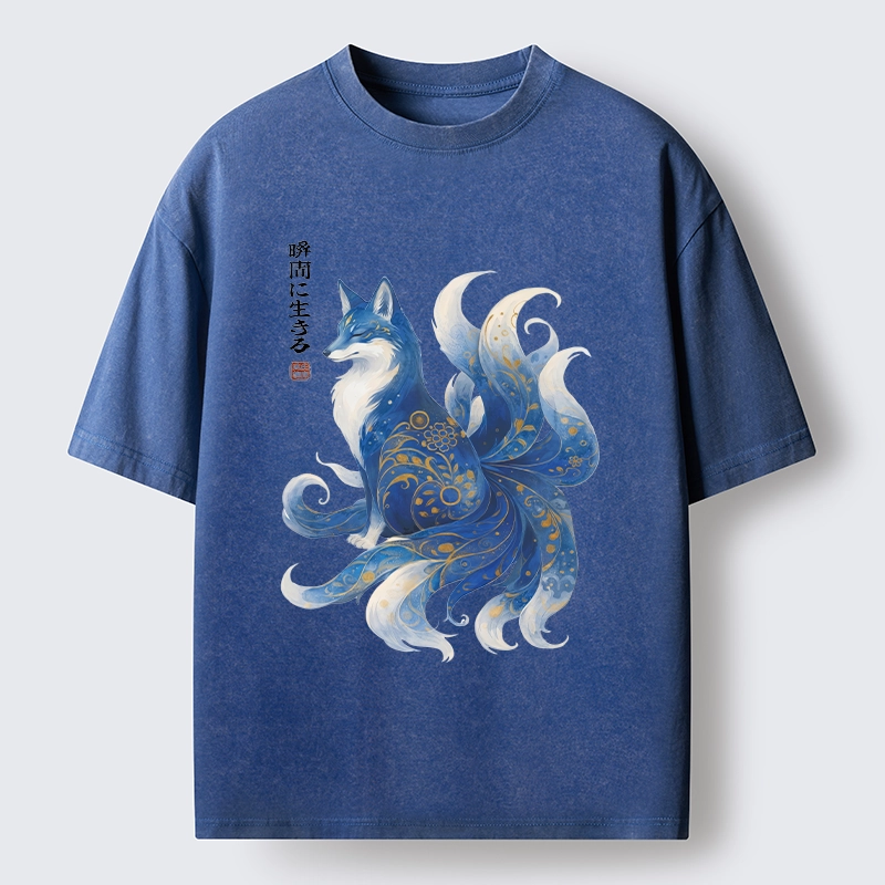 Tokyo-Tiger Serene Fox In Japanese Ink Style Washed T-Shirt