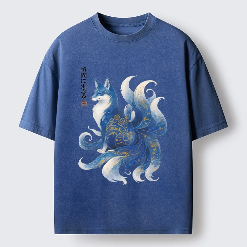 Tokyo-Tiger Serene Fox In Japanese Ink Style Washed T-Shirt Sale