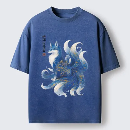 Tokyo-Tiger Serene Fox In Japanese Ink Style Washed T-Shirt