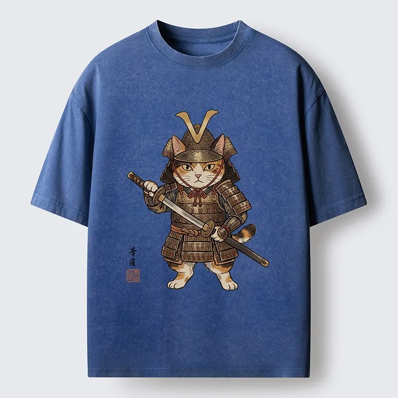Tokyo-Tiger Samurai Cat With Katana Sword Washed T-Shirt