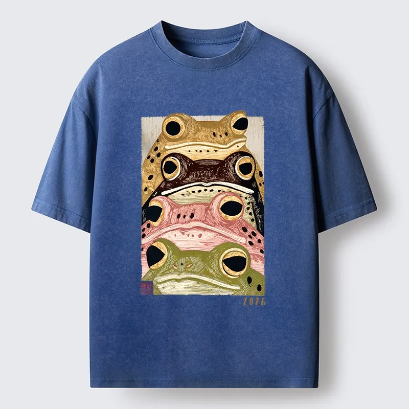Tokyo-Tiger Whimsical Multi Colored Frog Art Washed T-Shirt