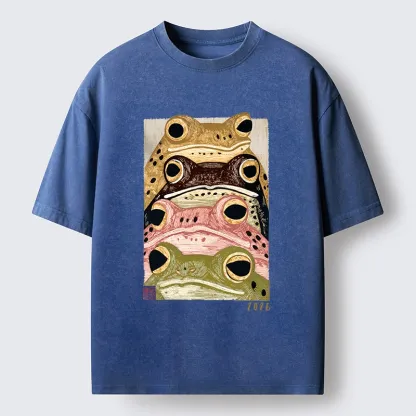 Tokyo-Tiger Whimsical Multi Colored Frog Art Washed T-Shirt