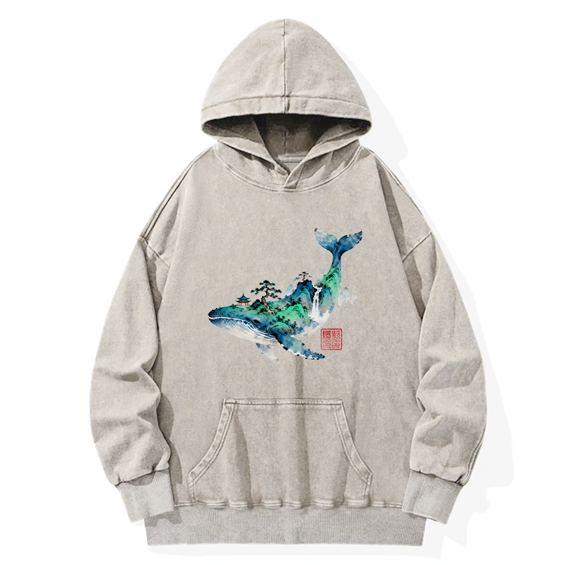 Tokyo-Tiger Whale Ink Painting Landscape Washed Hoodie
