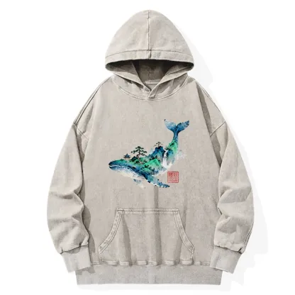 Tokyo-Tiger Whale Ink Painting Landscape Washed Hoodie