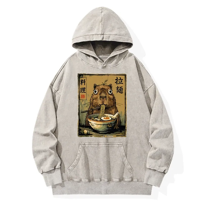 Tokyo-Tiger Cute Capybara Eating Ramen Washed Hoodie
