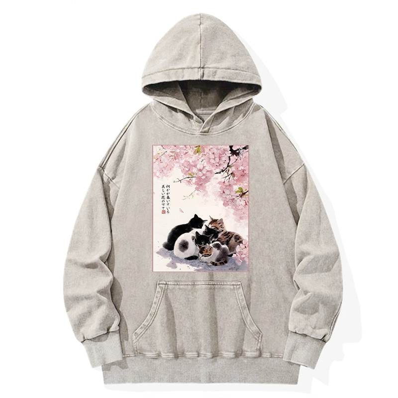 Tokyo-Tiger Cute Cats Sakura Garden Washed Hoodie
