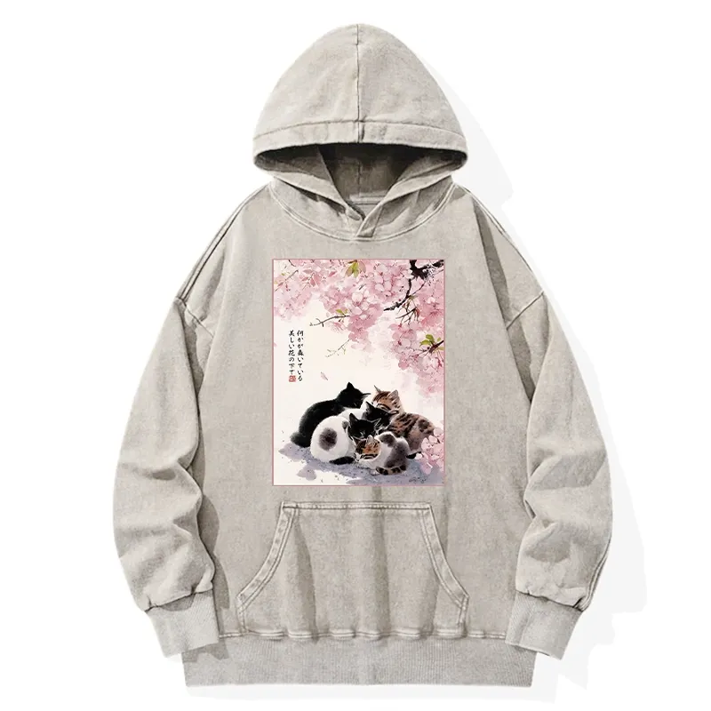 Tokyo-Tiger Cute Cats Sakura Garden Washed Hoodie