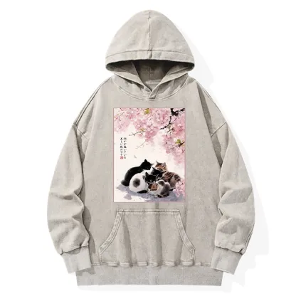 Tokyo-Tiger Cute Cats Sakura Garden Washed Hoodie