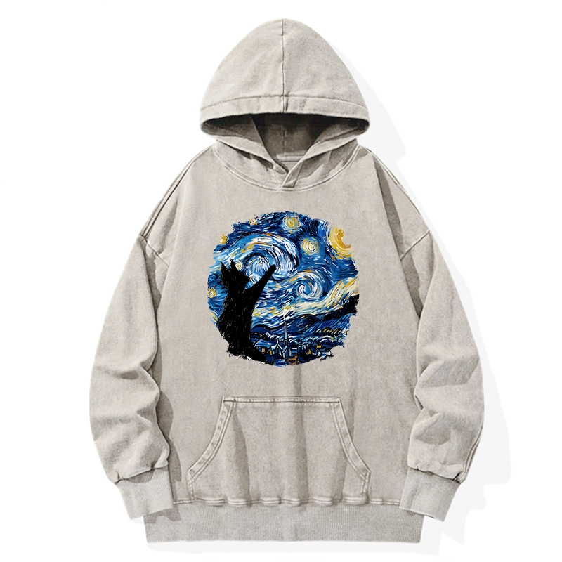 Tokyo-Tiger Starry Night Black Cat Washed Hoodie