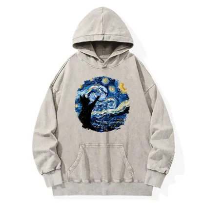 Tokyo-Tiger Starry Night Black Cat Washed Hoodie