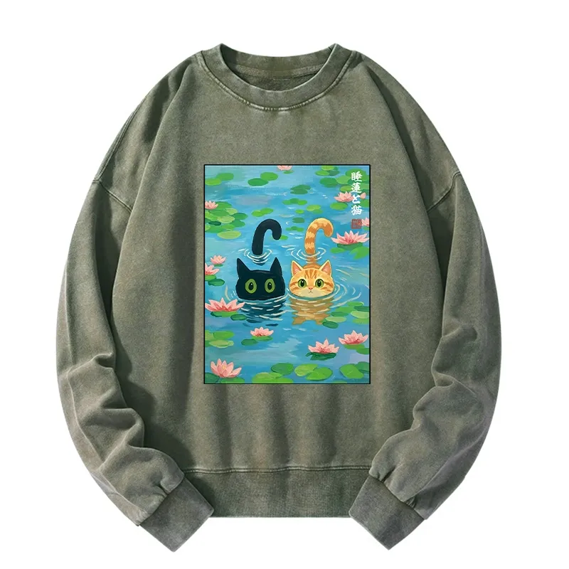 Tokyo-Tiger Cats In The Lotus Pond Washed Sweatshirt
