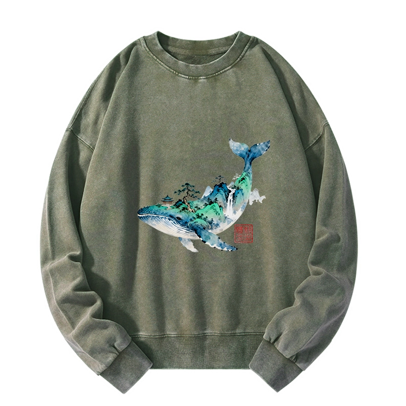 Tokyo-Tiger Whale Ink Painting Landscape Washed Sweatshirt