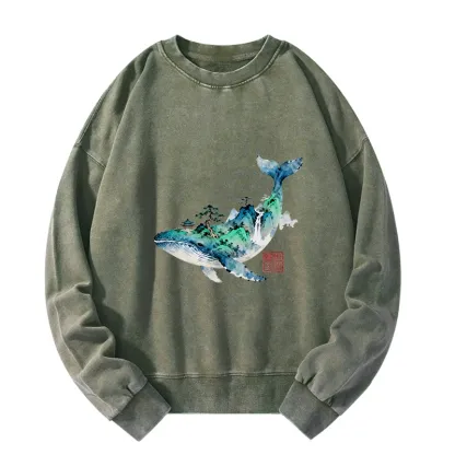 Tokyo-Tiger Whale Ink Painting Landscape Washed Sweatshirt