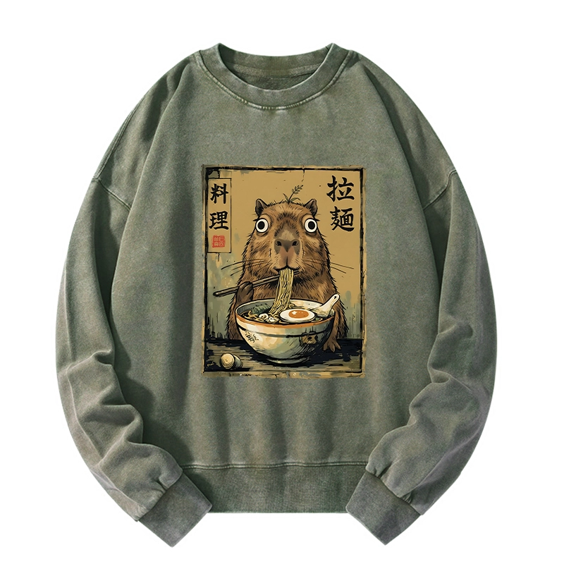 Tokyo-Tiger Cute Capybara Eating Ramen Washed Sweatshirt