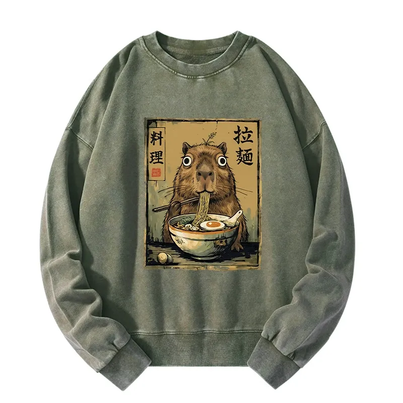 Tokyo-Tiger Cute Capybara Eating Ramen Washed Sweatshirt